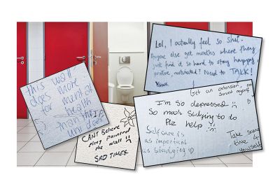 A toilet with a  montage of different graffiti writing over the image A toilet with a  montage of different graffiti writing over the image to illustrate Loo graffiti offers campus solace