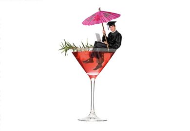 Montage of a graduate sitting in a full cocktail glass Montage of a graduate sitting in a full cocktail glass to illustrate Cocktail recipes from hic-storian