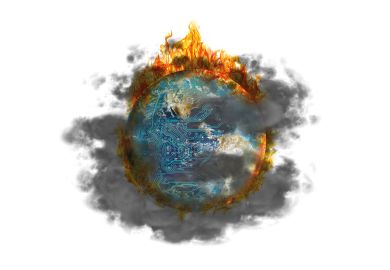 Montage of a circuit board engulfed in smoke and flames to illustrate  AI is here to stay, so we may as well learn to use it? That’s a cop-out