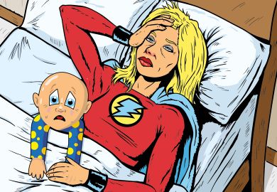Illustration of woman in bed wearing superhero outfit with a baby looking stressed