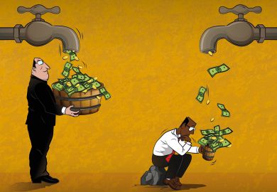 Illustration of two men catching bank notes as they come out of taps, one man has more than the other to illustrate UK universities must act to close the ethnicity pay gap