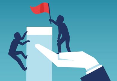 Illustration person lifting a flag standing on a hand with another person climbing up to illustrate Granting accommodations is a disservice to employers
