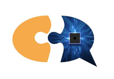 Speech bubble montage, half circuit board, half plain orange to illustrate   AI writing tools will not fix academia’s lan guage discrimination problem