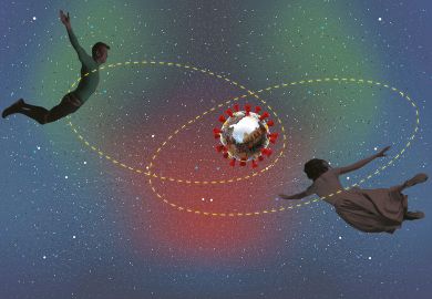 Couple flying with each in a yellow halo around them and a coronavirus with a University in the centre.