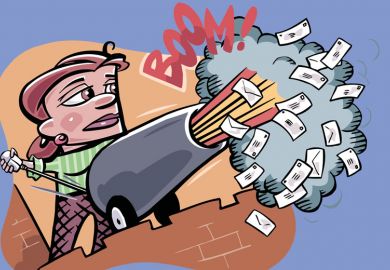 Illustration of person lighting cannon with envelopes exploding to illustrate spam emails within the university