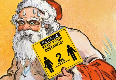 Santa sweating holding a sign reading, 'Please keep your distance!'