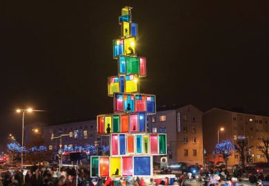 Christmas tree constructed of 121 old windows that come from local old houses is illuminated in Rakvere, Eastern Estonia  Christmas tree constructed of 121 old windows that come from local old houses is illuminated in Rakvere, Eastern Estonia to illustrate Is the university really a community?