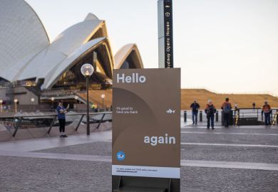 A sign welcomes people back outside the Sydney Opera House  in Sydney, Australia to illustrate ‘Give people time’ to readjust from pandemic, says Jackson