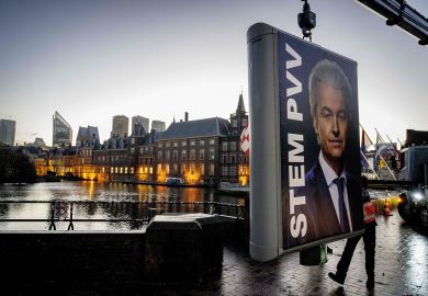 An election sign of Party for Freedom (PVV) leader Geert Wilder An election sign of Party for Freedom (PVV) leader Geert Wilder to illustrate ‘Little sympathy’ for universities in new Dutch parliament