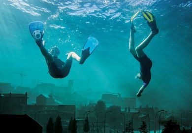 Montage of two people underwater in the cityscape of Sheffield city centre, England to illustrate The joys  and trials of homecomings