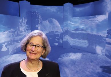 Montage of Susan Solomon in front of an immersive projection featuring an Arctic ice landscape Montage of Susan Solomon in front of an immersive projection featuring an Arctic ice landscape to illustrate ‘We can heal  the earth’