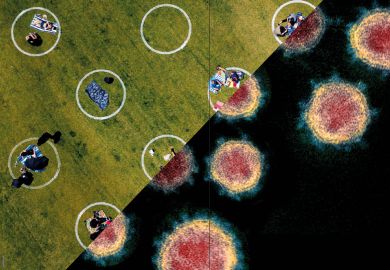aerial view shows painted circles in the grass people sitting  inside each circle with half the image covered with coronavirus circles as a metaphor for Has the pandemic changed research culture for the better.