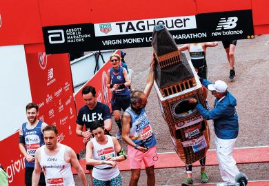 Big Ben gets help to cross the finish line during the Virgin Money London Marathon in London to illustrate Sunak government final straight offers ‘diminished vision of HE’