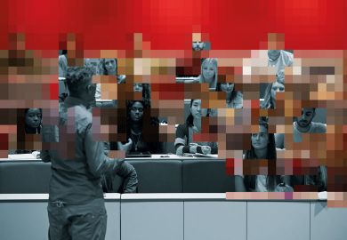 Collage of a man presenting to students at a lecture theatre with digital pixels over them illustrate It is time to stop talking about digital education