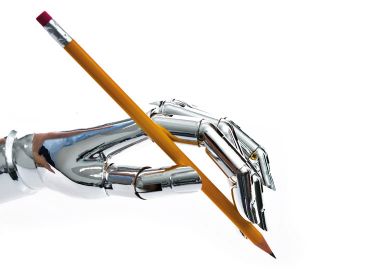 Robot's hand holding a pencil. Robot's hand holding a pencil to illustrateIf machines do the writing, students won’t do the thinking