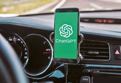 Montage of a mobile phone inside a car with ChatGPT on the screen Montage of a mobile phone inside a car with ChatGPT on the screen to illustrate As a learning satnav, ChatGPT puts students on road to success