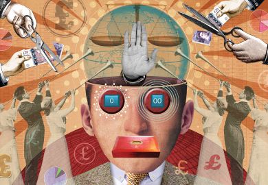 Illustration of collage with large head with hand and scales inside and money cut and people playing long trumpets looking up at head by-Miles-Cole.jpg Illustration collage of a head with hand and scales inside and money cut and people playing long trumpets looking up at head to reflect GCRF cuts but having to support one particular cause is not academic freedom by-Miles-Cole.jpg