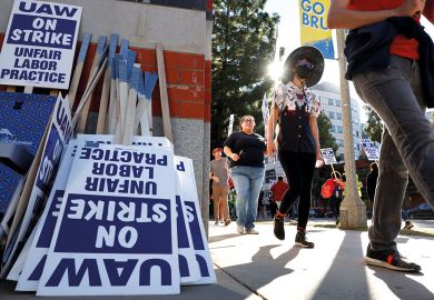 Union academic workers and supporters march at the UCLA campus Union academic workers and supporters march at the UCLA campus as described in the article