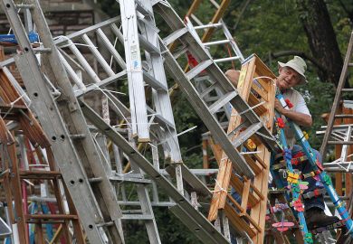 Artist Charlie Brouwer adds another ladder to his creation as a project grows past 200 ladders to illustrate One in five UK professors promoted for their teaching – survey