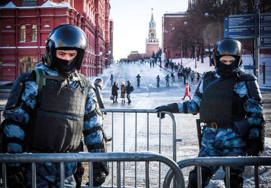 Russian riot police place fences to prevent possible protests Russian riot police place fences to prevent possible protests to illustrate Russia returns to six-year degrees, abandoning Bologna Process
