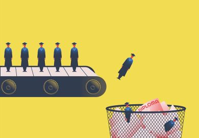 Concept of a conveyor with graduates falling into waste paper basket to illustrate Traditional degree classifications are no longer fit for purpose