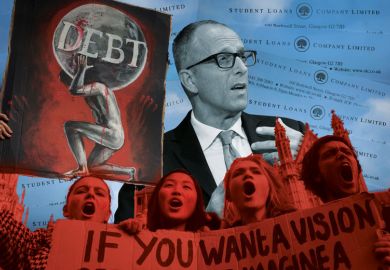 Collage with A young student protests outside parliament in Westminster, against spending cuts, tuition fees and student debt. to illustrate Augar response makes balanced adjustments to England’s funding model
