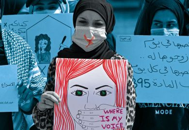 Demonstrators wearing cross-out masks attend a rally for International Women's Day in Iraq Demonstrators wearing cross-out masks attend a rally for International Women's Day in Iraq to illustrate Life still trumps work for female researchers in the Middle East