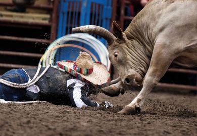 Person falls to the ground during bull riding in a rodeo event Person falls to the ground during bull riding in a rodeo event to illustrate US accreditors plead for political relief as attacks mount