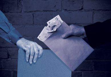 Montage of a hand with an envelope of money and a hand with a folder to illustrate The omertà on rampant cheating by international students can’t hold forever