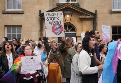 People protest in Oxford about Kathleen Stock People protest about Kathleen Stock to illustrate OfS’ delayed Stock investigation ‘shows free speech difficulties’