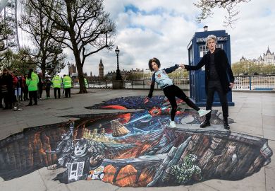 Peter Capaldi, (The Doctor) and Pearl Mackie (Bill) pose in front of the TARDIS to illustrate My favourite  fictional academic