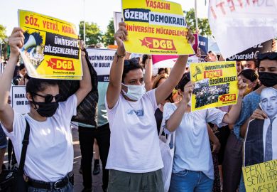  Protesters hold placards during the demonstration following the appointment of Melih Bulu as the Rector of Bogazici University with the decision of President of Turkey Recep Tayyip Erdogan as described in the article 