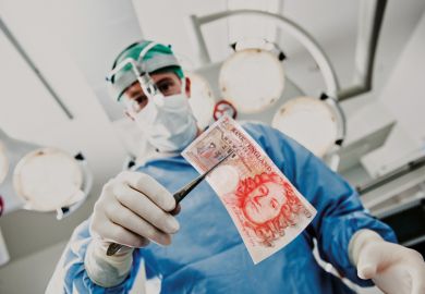 Montage of a doctor surgery in operation room holding a bank note in a pair of tweezers