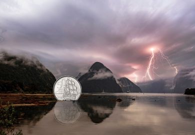 Montage of a  Milford Sound, New Zealand with a coin with a ship illustration in the water to illustrate Are better days ahead for New Zealand’s universities?