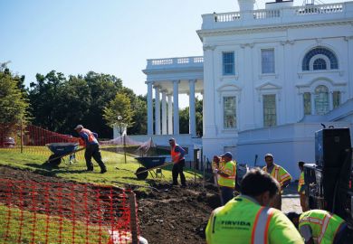 Workers are seen  outside of the Brady Briefing Room as the White House undergoes renovations Workers are seen  outside of the Brady Briefing Room as the White House undergoes renovations  to illustrate Biden sets stricter limits on colleges making a profit