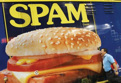 Poster of Spam with person pretending to eat it Poster of Spam with person pretending to eat it as a metaphor for UUK ‘should sue predatory publishers over tsunami of spam’