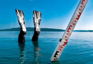 Divers feet and a measure stick showing above water level only as a metaphor for Journal impact factor ban is bad for Dutch science