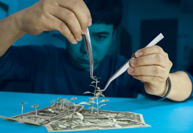 Man creating trees out of bank notes as metaphor for not all research used requires public money