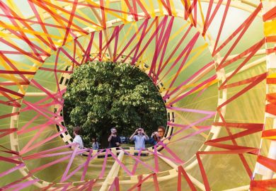 Red tape display at Serpentine Pavilion to illustrate red tape alert for research projects over national security law