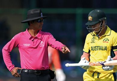 Australia's David Warner (R) asks the umpire to change his bat during the 2023 ICC Men's Cricket World Cup one-day international (ODI) match to illustrate Vice-chancellor pay guidelines ‘will help improve optics’