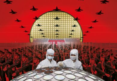 Montage of Chinese honour guards rehearse for the National Day parade in Beijing with two researchers in front and planes in the sky. Montage of Chinese honour guards rehearse for the National Day parade in Beijing with two researchers in front and planes in the sky to illustrate ‘Chip wars’: can Asian universities fix tech skills shortage?
