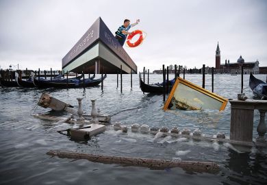 Montage of a person throwing a lifebuoy in Venice with painting and statues sinking in the water to illustrate Why my university is investing more than ever in arts and humanities