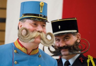 Two contestants pose during the  European Beard and Moustache Championships to illustrate  Reforms urged to curb French ‘moustache positions’
