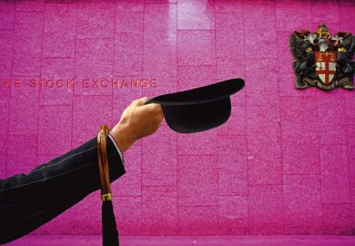 A businessman in three-piece suit holds an English bowler hat, and umbrella in front of the London Stock Exchange. To illustrate that business and management studies should be better funded