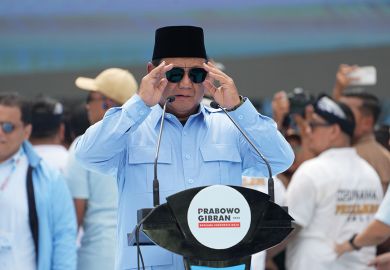 Prabowo Subianto, presidential candidate and Indonesia's defense minister, speaks during a campaign rally in Jakarta, Indonesia Prabowo Subianto, presidential candidate and Indonesia's defense minister, speaks during a campaign rally in Jakarta, Indonesia to illustrate Fears for academic freedom as new president takes office in Indonesia