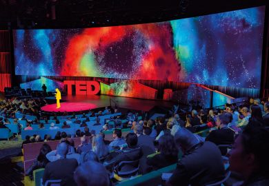 A TED talk commences inside the David Rockwell designed theater n Vancouver, Canada.
