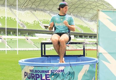 Cole Geyer of the Storm is on the dunking machine in Melbourne, Australia to illustrate NSW universities plunge into the red as finance markets turn