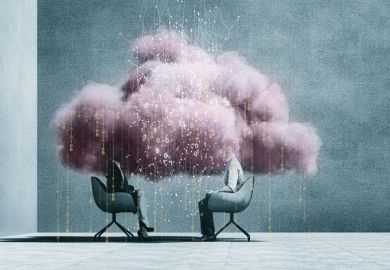 Two people sitting with pink cloud of data  Two people sitting with pink cloud of data as a metaphor for Artificial intelligence will soon be able to research and write essays as well as humans can