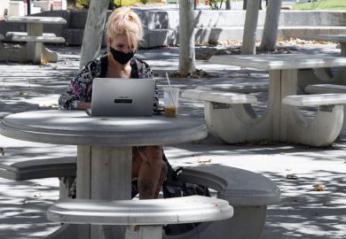 student works on a laptop in a courtyard on campus Student works on a laptop in a courtyard on campus to illustrate US students make gains in lawsuits over online teaching