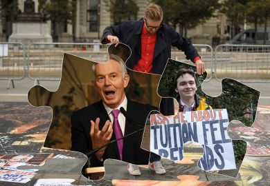Montage of man holding his artwork of two puzzle pieces that don't fit with an image of Tony Blair and the other with a student holding a banner about tuition fees as described in the article